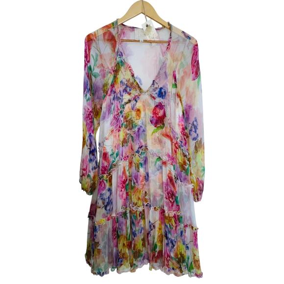 Johnny Was Fionna Silk Mini Dress - Women's Size L - 100% Silk Dress w/ Slip - Picture 1 of 13